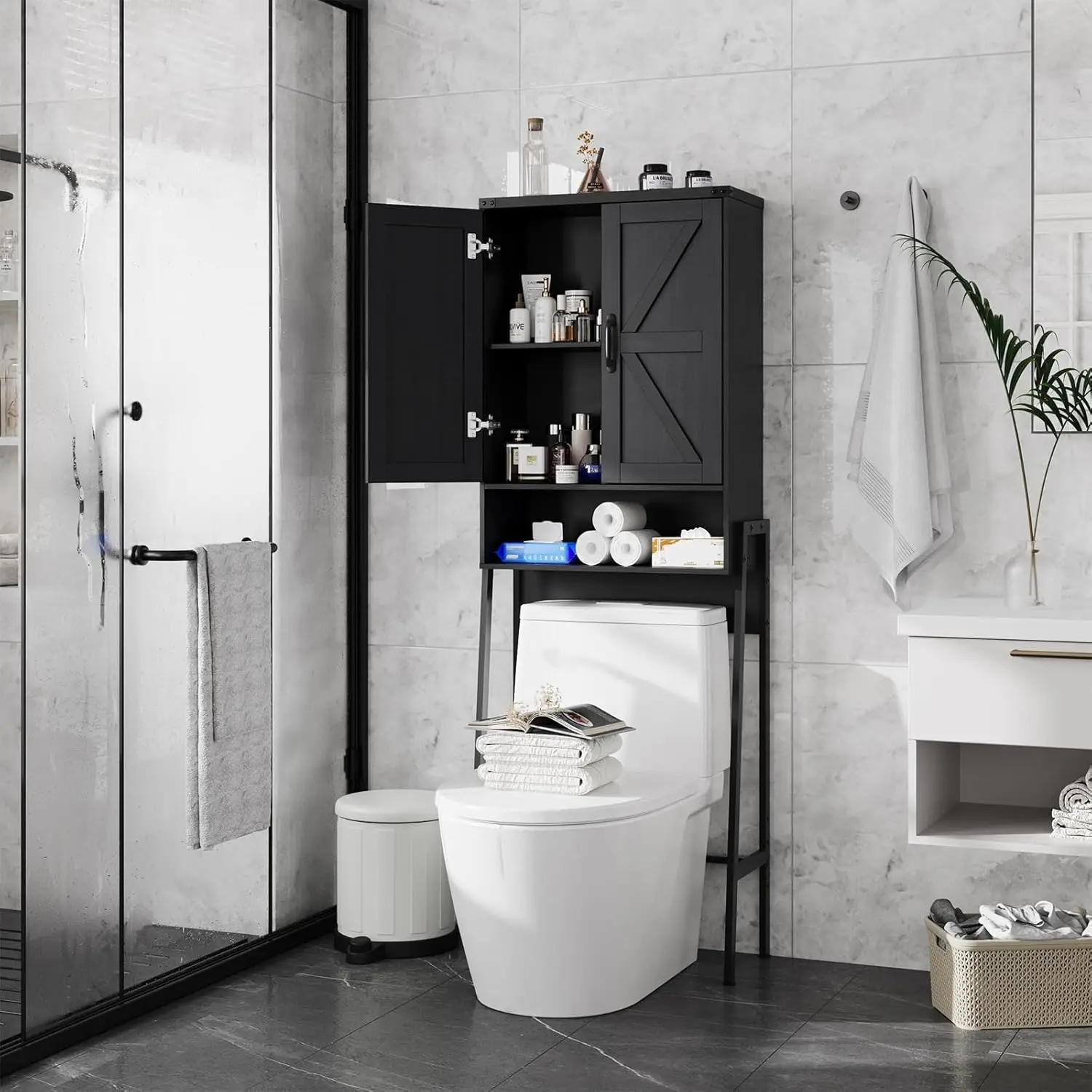

Over The Toilet Storage Cabinet with 2-Door Design Bathroom Organizers and Storage with Anti-Tip Device Over Toilet Organizer wi