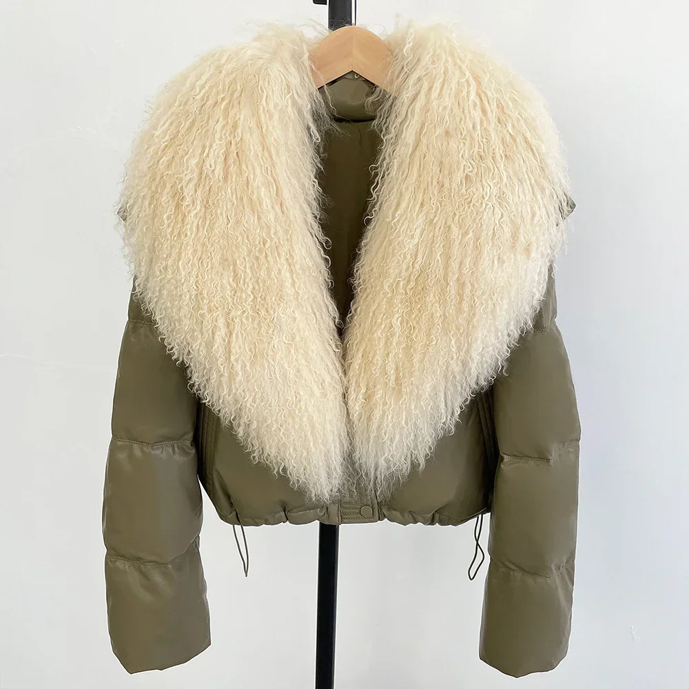 

Short PU Real Mongolia Sheep Fur Collar Coat Waterproof Women White Duck Down Coat Female New 2025 Autumn Winter Puffer Jacket