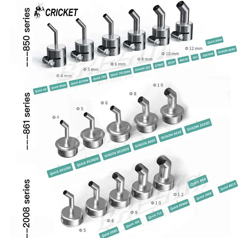 CRICKET Angle Hot Air Nozzle Compatible with Quick 861 2008 850 Series Heat Gun 4 5 6 8 10 12 mm Direct blow Nozzle Even Heating