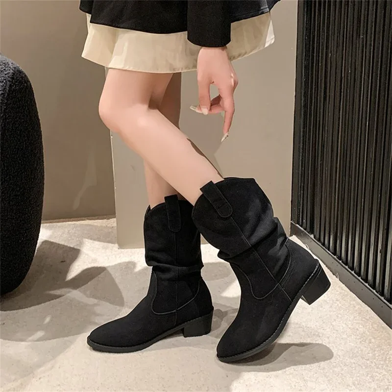 Suede pleated autumn thick heel plus medium heel long leg fashion boots 2024 retro but knee pile boots for women