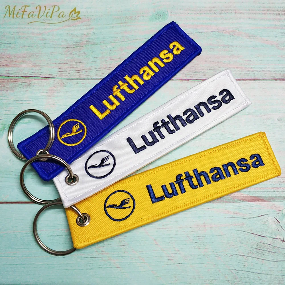 MiFaViPa 3 PCs Blue Yellow White Lufthansa Keychain Fashion Embroidery Aviation Key Chain for Men Gift Flight Crew Luggage Tag