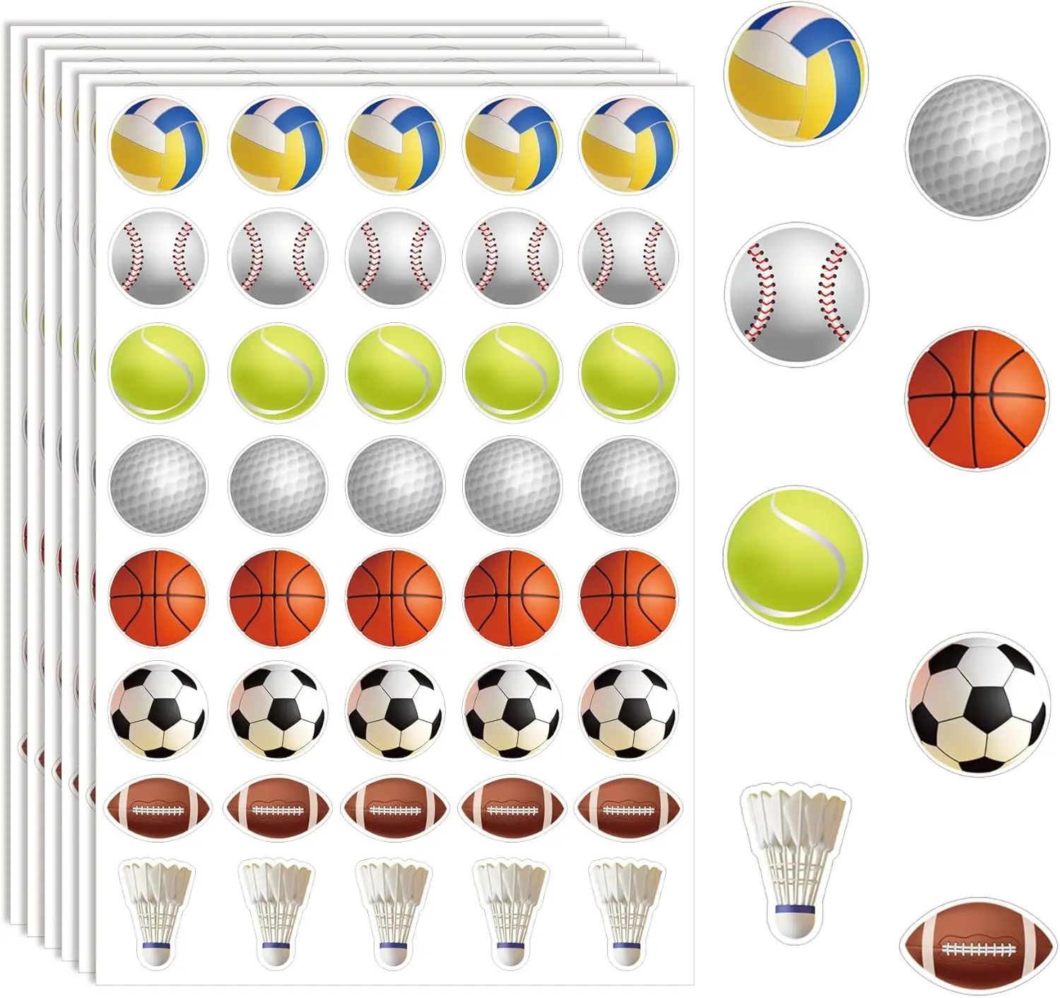 

500 шт. смешанные спортивные мячи, наклейки 1,5 дюйма, баскетбол, бейсбол, футбол, теннис, гольф, бадминтон, волейбол, тематическая вечеринка