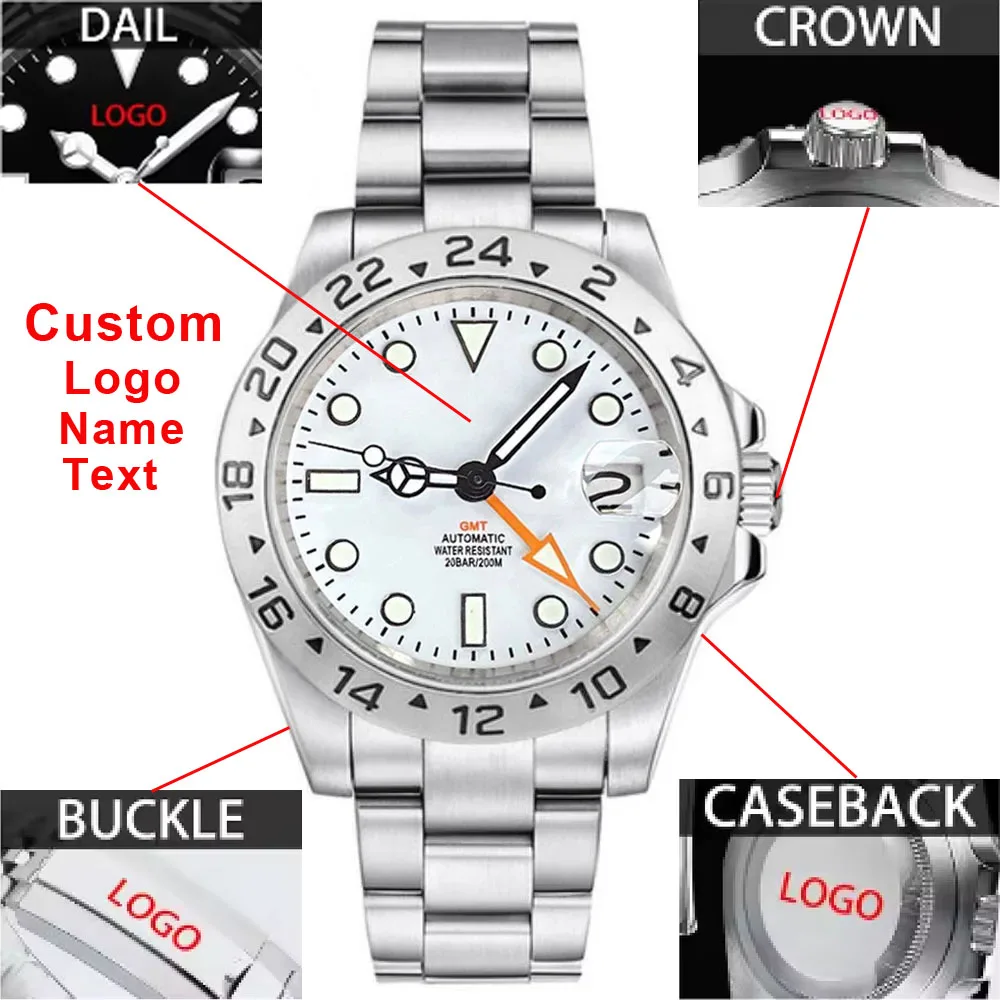 

Custom Logo/Name 39mm NH34 GMT Men's Automatic Watch Sapphire Date 24H Bezel Mechanical Wristwatch Glide Clasp Waterproof Lume