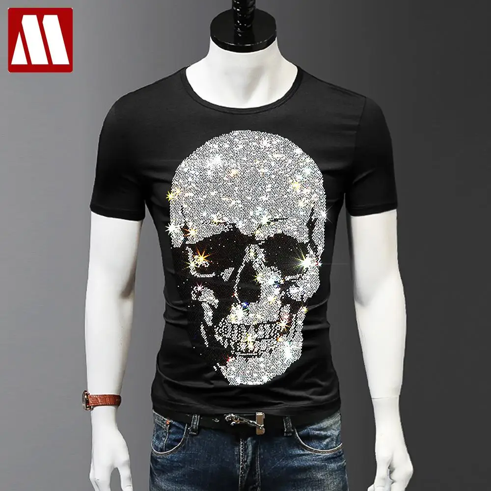 Size 5XL Skull Rhinestones T Shirts Men Summer Clothes Short Sleeve Man Streetwear O Neck Fit Tshirt Male Calaveras Camiseta