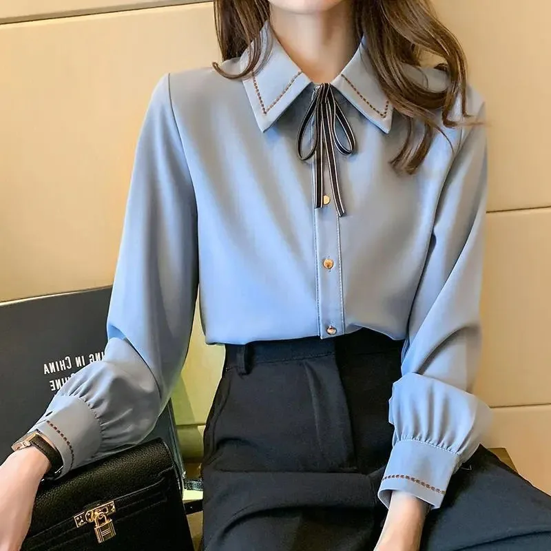 

Elegant Chiffon Shirt Women Button Slim Long Sleeve Autumn Office Lady Straight Tops Preppy Style Korean Solid Sweet