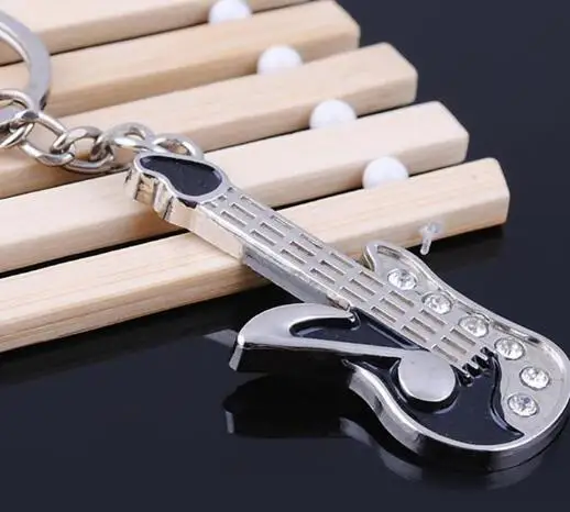 100pcs/lot unisex style Fashion Keychain Mini Guitar Key Ring Keyring Chain Crystal Cute Rhinestone keychain