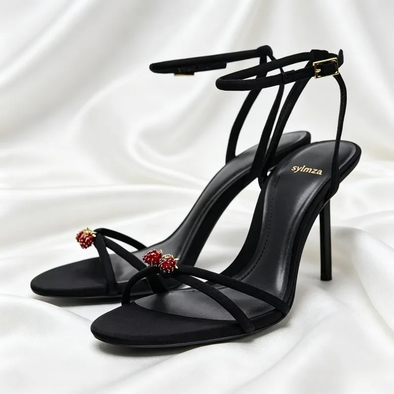 Luxury Crystal Strawberry Decorate High Heel Sandals Women Sexy Open Toe Cross Strap Designer Shoes Elegant Banquet Dress Shoes