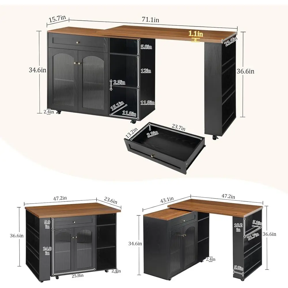 360° Swivel Kitchen Island with Adjustable Shelves, Mobile on Lockable Wheels - Multifunctional Storage for Kitchen & Dining (Bl