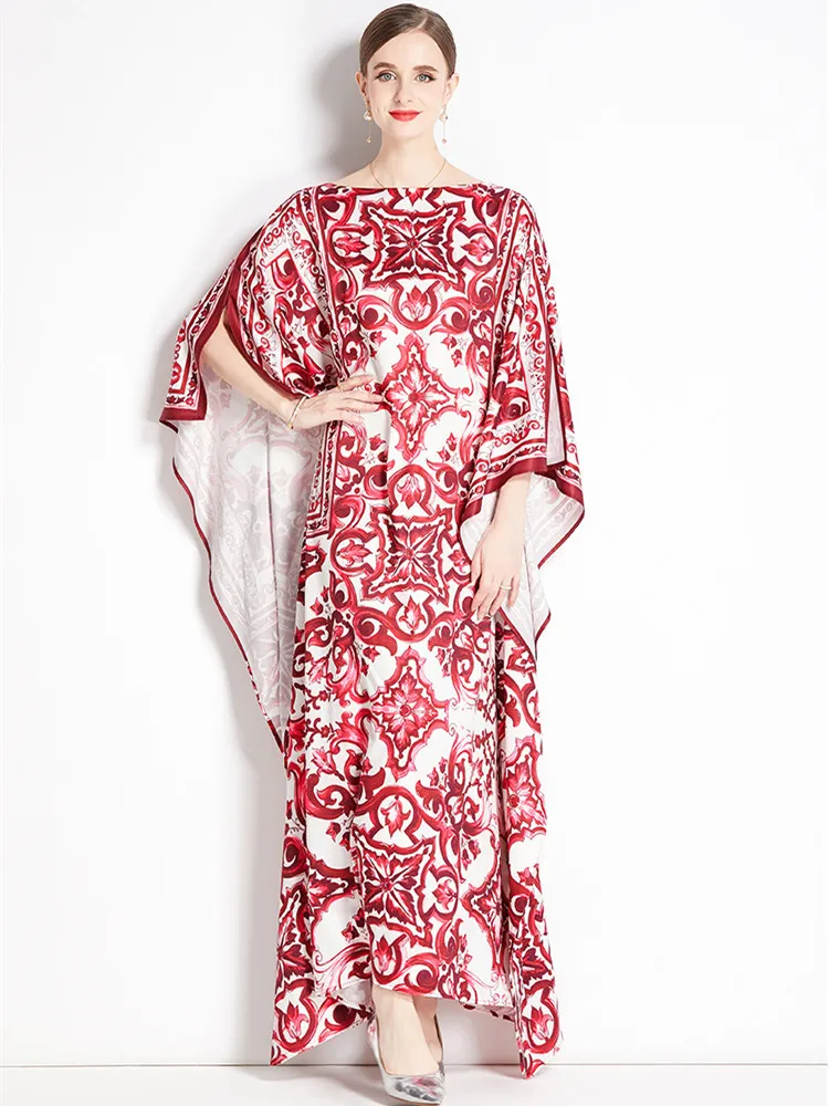 JAMERARY Autumn Runway Red Blue And White Porcelain Print Floral Maxi Dress Women Loose Robe Batwing Sleeve Split Long Vestidos