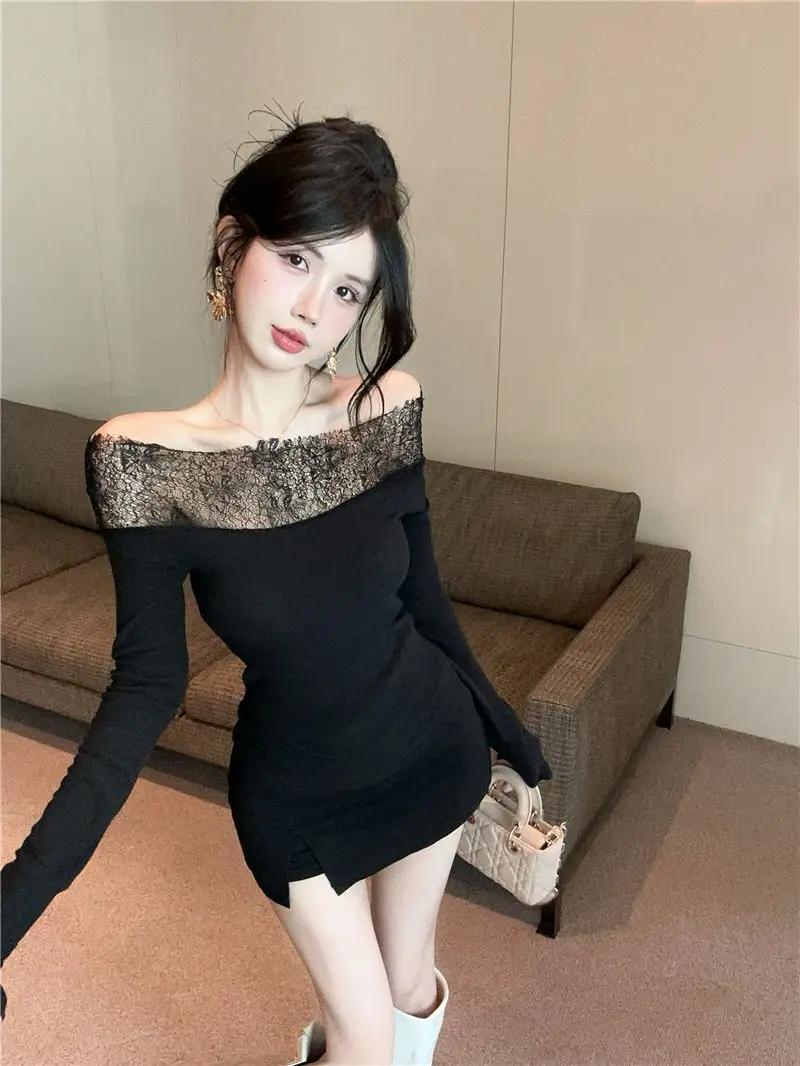 

One-Line Retro Lace Fashionable Splicing T-Shirt Women Spring Autumn New Waist-Hugging Slimming Design Long-Sleeved Base Top