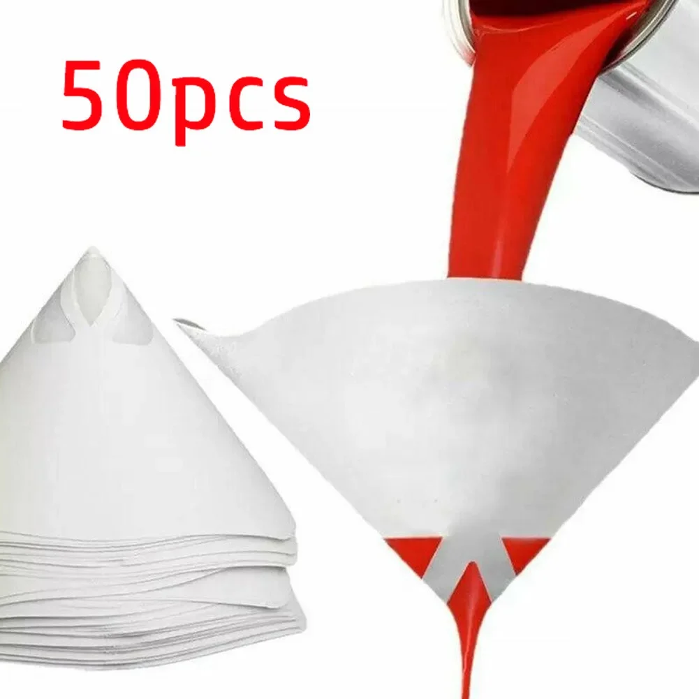 50 Uds. Filtros de pintura para coche, embudo purificador de papel, taza coladora, filtros de pintura desechables, cónicos, herramienta de embudos de papel de micrón de nailon