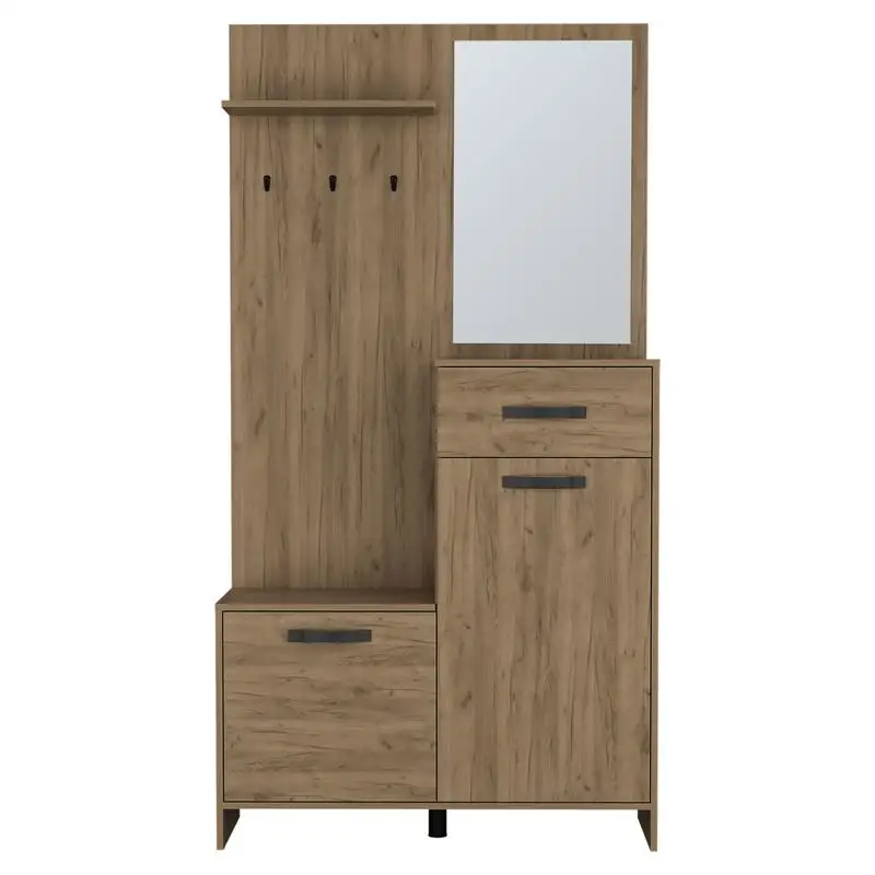 شجرة قاعة شجرة بمرآة طويلة 75 بوصة مع شماعات، 3 أرفف، 2 خزائن، درج واحد، طاولة وحدة تحكم للمدخل، غرفة المعيشة، خشب البلوط الخفيف