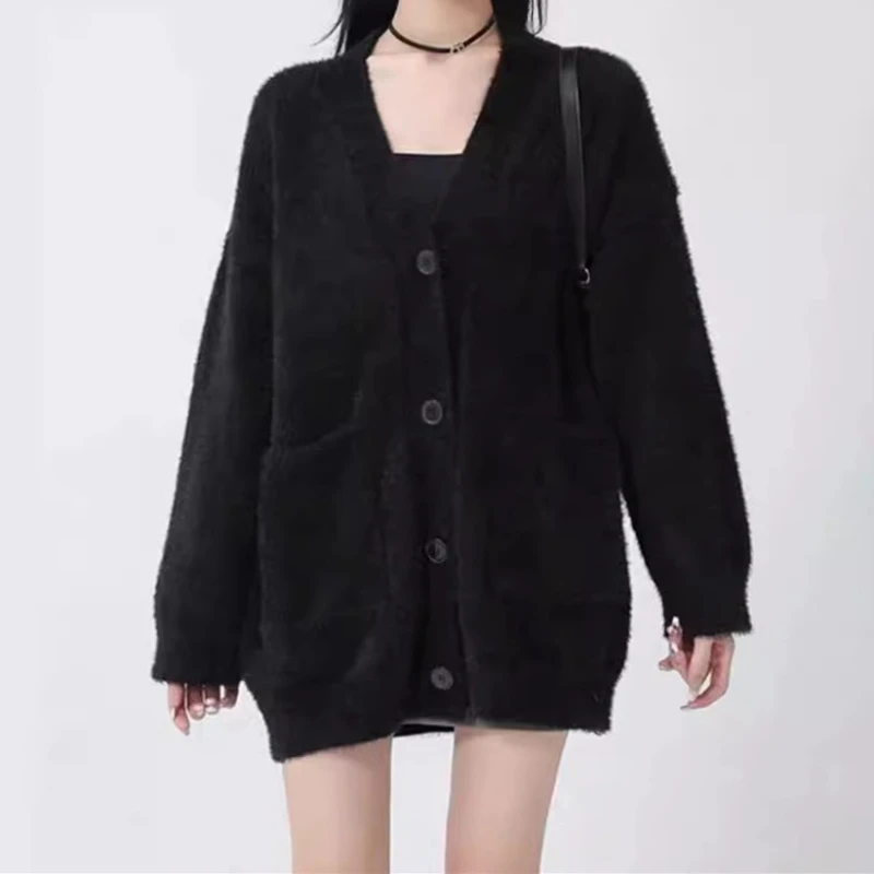 

Autumn and Winter Artificial Mink Velvet Pocket Knit Cardigan Loose Lazy Wind Women's Sweater Coat Jacket