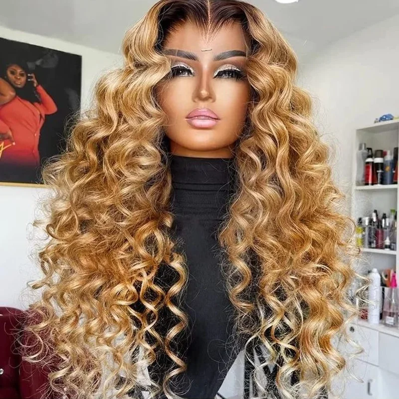 

Soft Long 26Inch 180%Density Ombre blond Kinky Curly Preplucked Glueless Lace Front Wig For Women With Babyhair Daily Cosplay