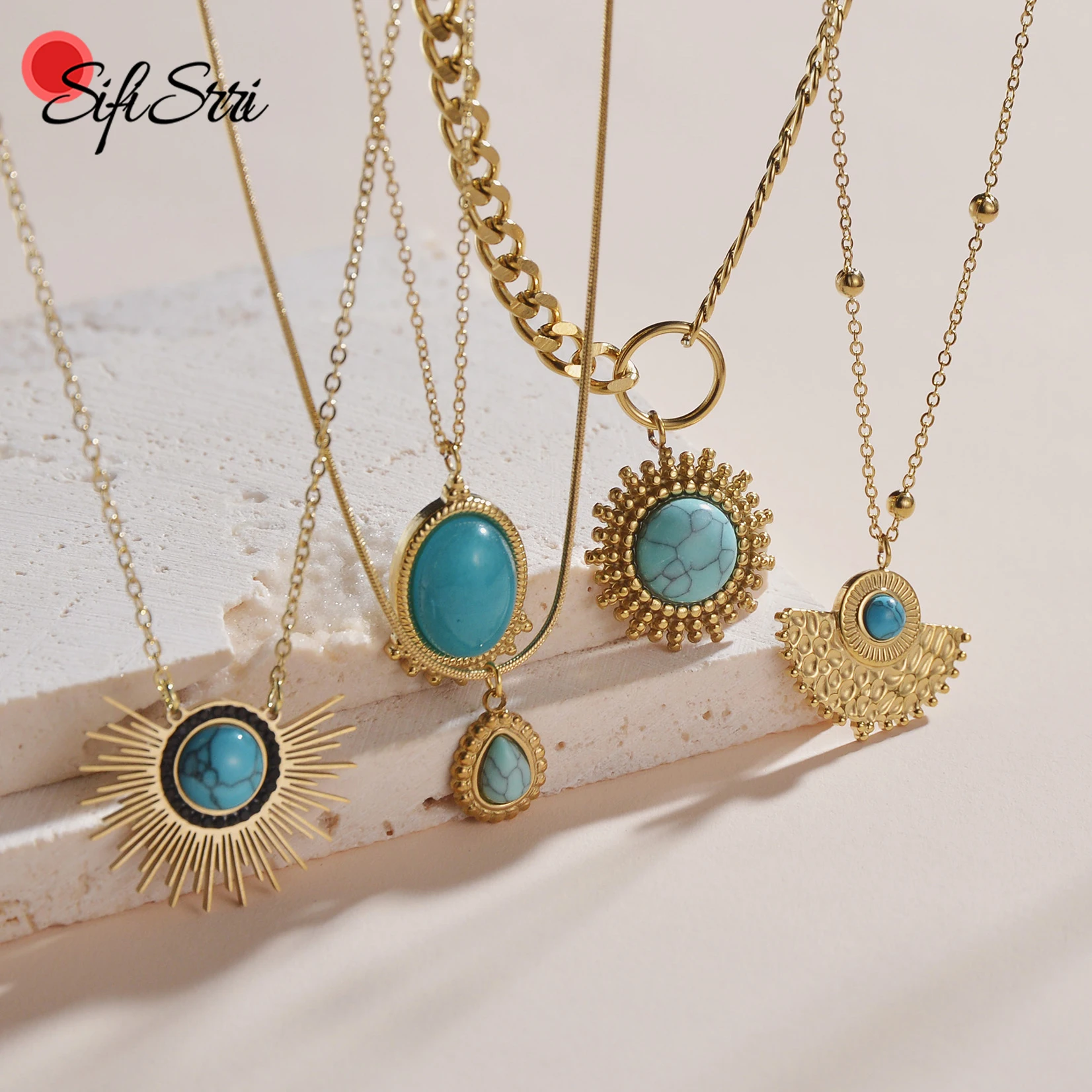 Sifisrri Fashion Green Stone Leaves Sun Flower Necklace Stainless Steel for Women Girl Gold Color Jewelry Gift Accessories