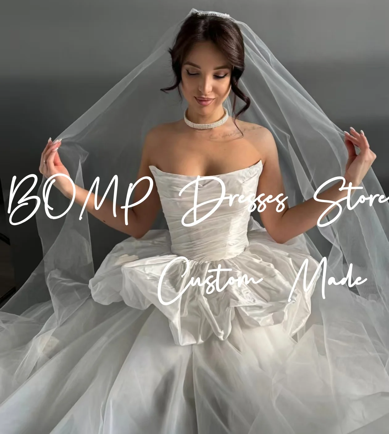 Elegancka suknia ślubna BOMP z plisami, bez ramiączek, gorsetowa, warstwowa, drapowana, z trenem typu sweep, biała tiulowa suknia ślubna, szyta na miarę, Vestido de novia