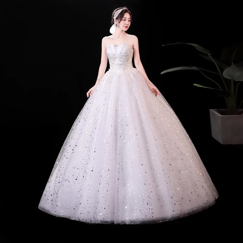 Cheap Wedding Dresses White Bling Tulle Appliques Strapless Lace up Princess Floor-length Plus size Simple Bride Ball Gown XN053