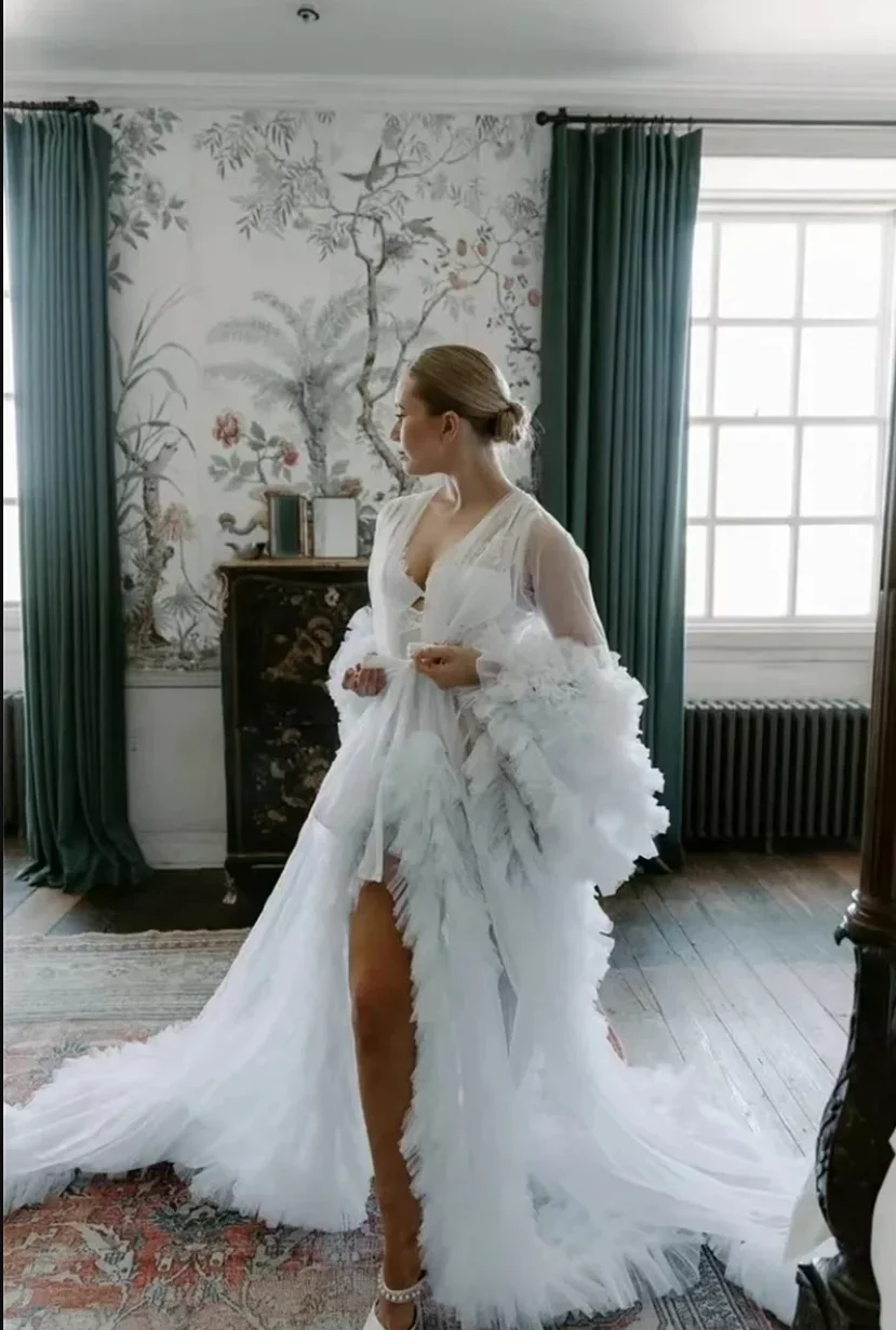 white Maternity Gown for Baby Shower Dressing Gown Perspective Sheer Skirt Long Tulle Bridal Robe Puffy Sleepwear for Women Nigh