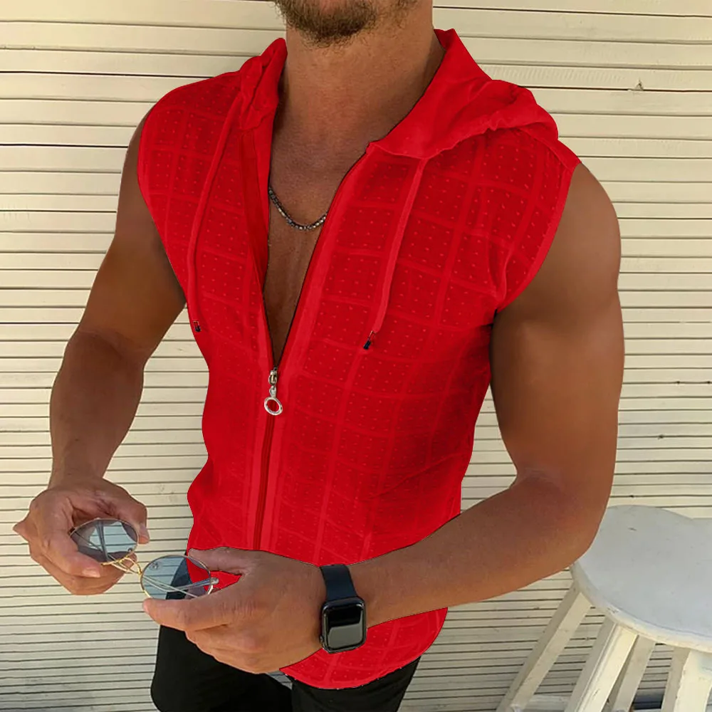 New Men's Sleeveless Hooded One-Piece Sweatshirt With Zipper, Featuring Grid Texture Design. A Casual and Sporty Muscle T-Shirt