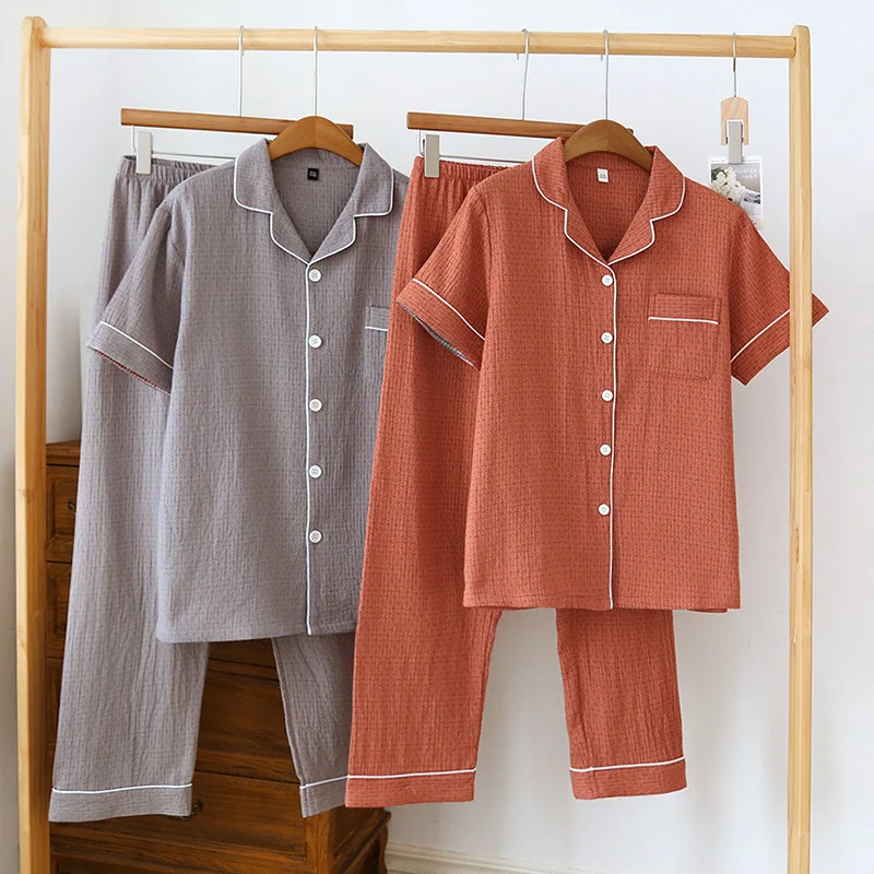 2024 Neues japanisches Frühjahr/Sommer-Pyjama-Set für Paare, 100 % Baumwoll-Krepp, kurze Ärmel und lange Hosen, zweiteiliger Heimanzug, dünner Stil