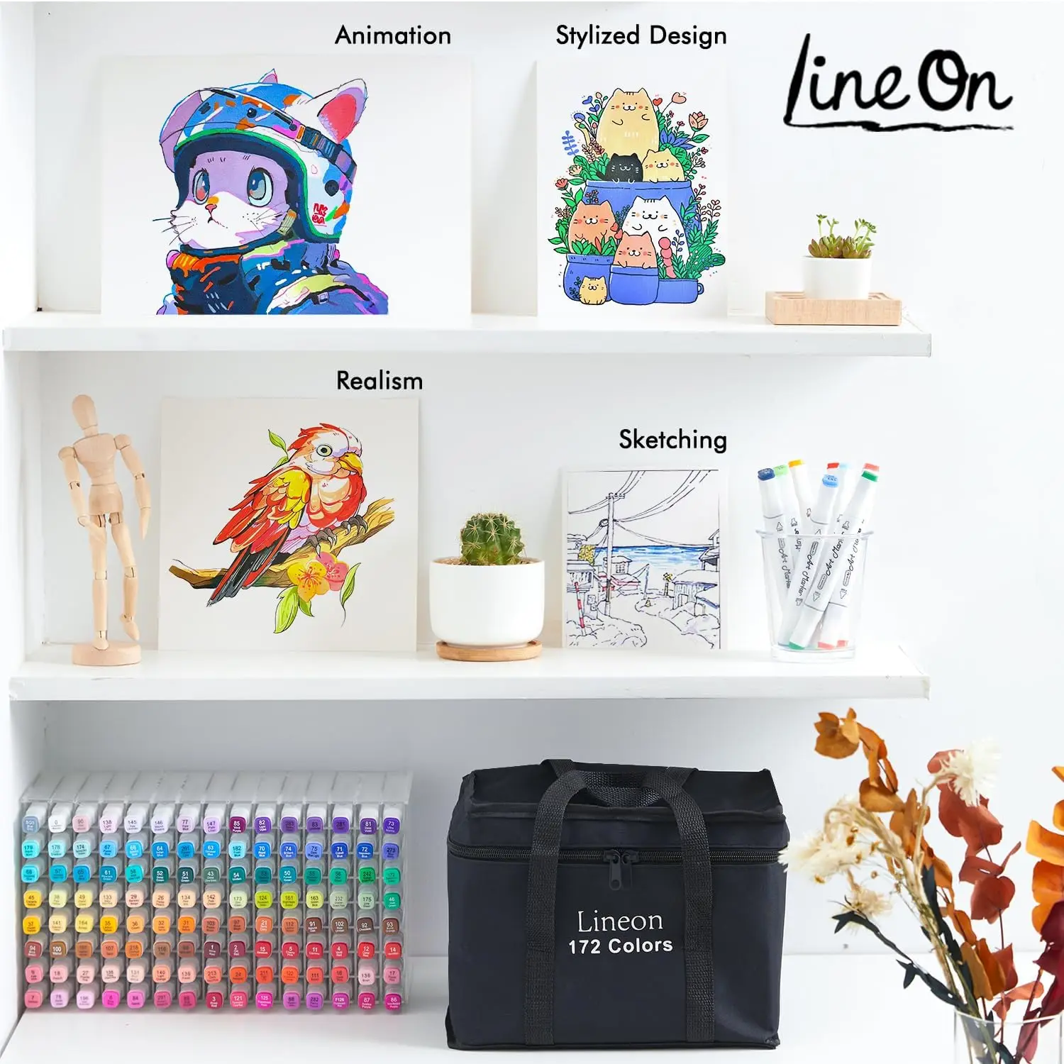 Lineon 172 Colors Alcohol Based Dual Tip Art Markers, 171+1 Blender Permanent Marker Pens Plus 1 Marker Pad 1 Case Perfect for Kids Adult Artist Coloring Books Drawing Sketching and Card Making - view 5