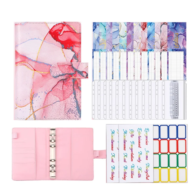 ซองซิปสมุดวางแผนงบประมาณลายหินอ่อนสีสัน A6ซองจดหมายเงินสดสำหรับจัดระเบียบงบประมาณสำหรับผูกงบประมาณ