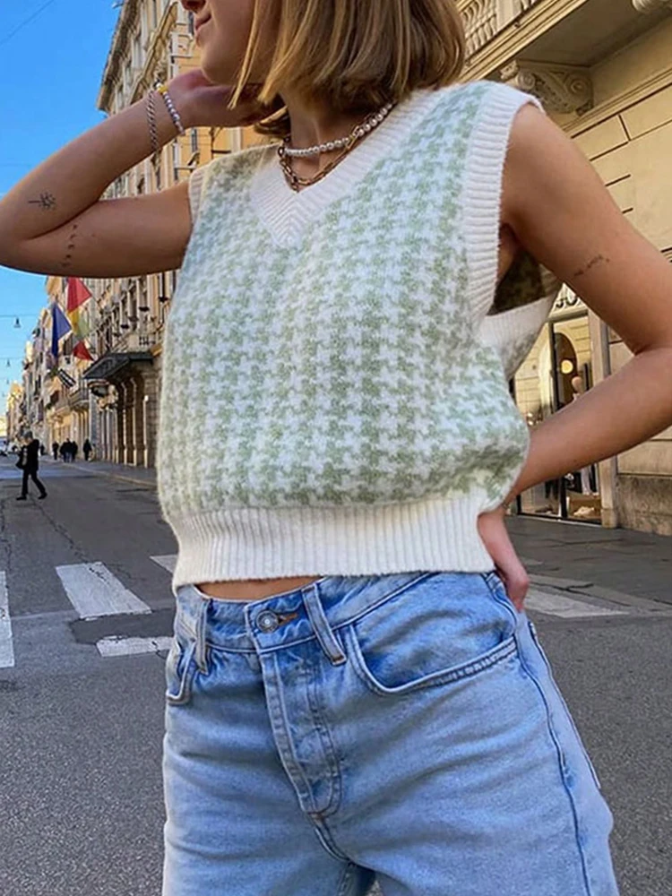 

Hot selling All-Match V-Neck Houndstooth Sweater Vest Fashion Women Clothing Green Beige Soft Tops Classic Losse Sweater Vest