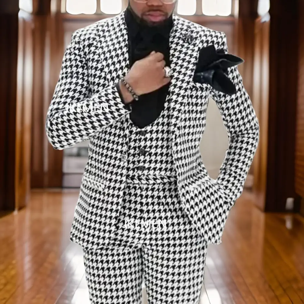 Houndstooth Men Suits Peak Lapel Wedding Tuxedo for Groom Single Button Prom Plaid Costume 2024 Custom Made Latest Design