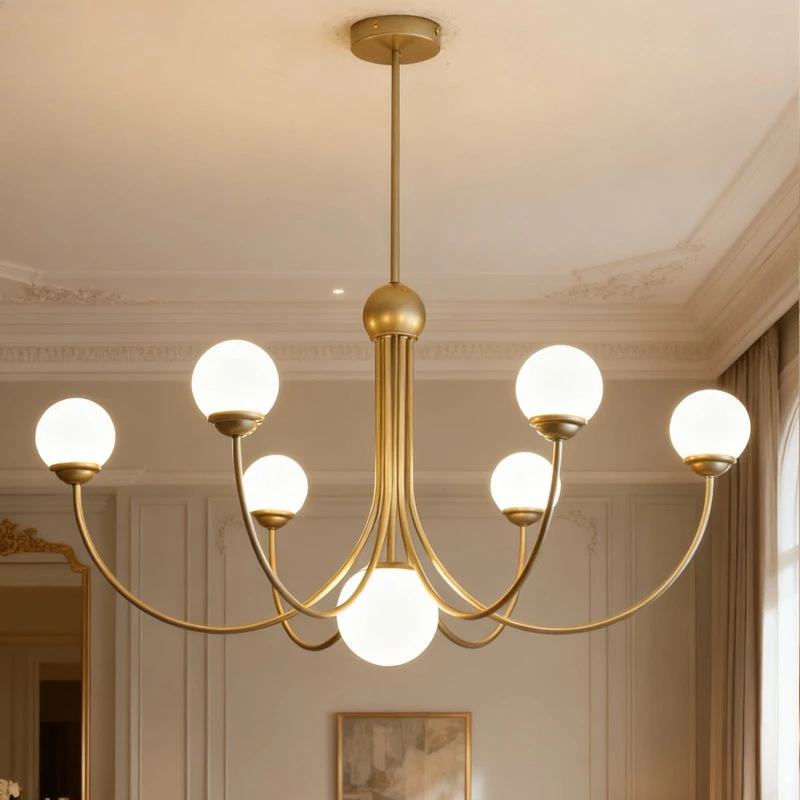 Nordic 7-head pendant light with electroplated metal glass lampshade, adjustable height, suitable for apartment master bedroom