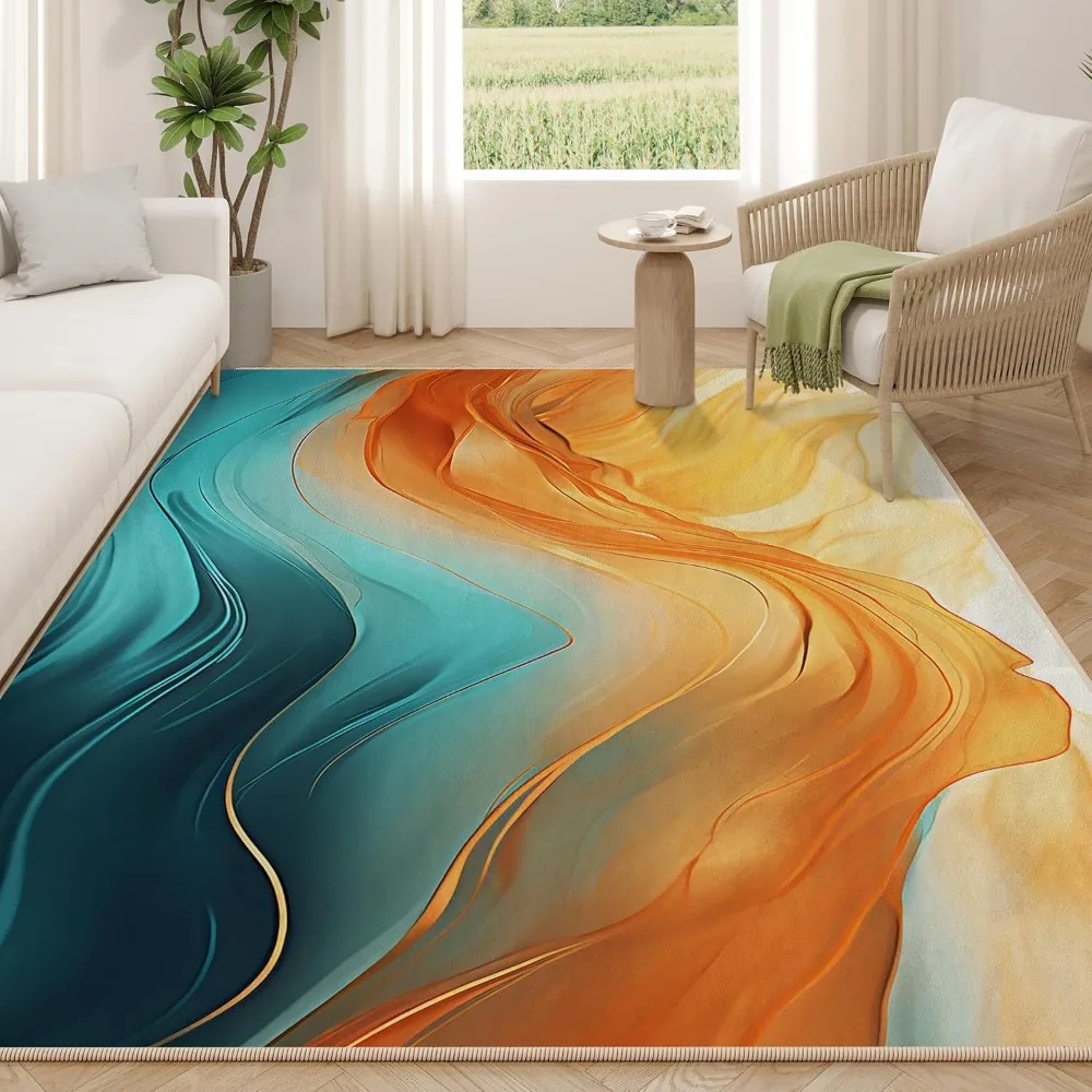 

Orange Teal Area Rug for Living Room 5'x7', Turquoise Marble Decorative Washable Rug Non Slip Indoor Dining Floor Carpet for Bed