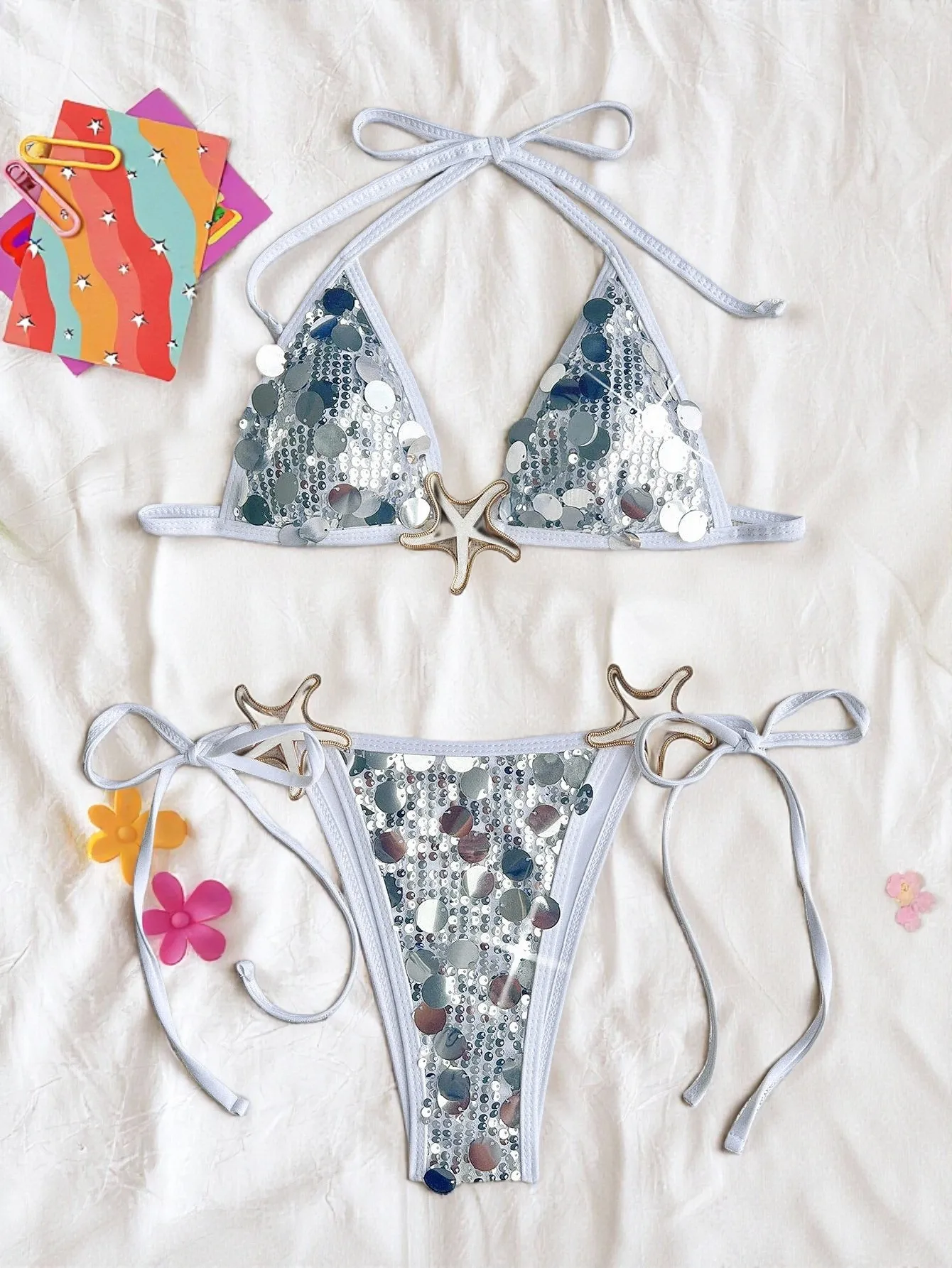 Shiny Sequins Bikini Set 2025 Women's Triangle Wrapped Swimsuit Two-piece Lace-up Swimwear Sexy Micro Thong Bathing Suit Biquini