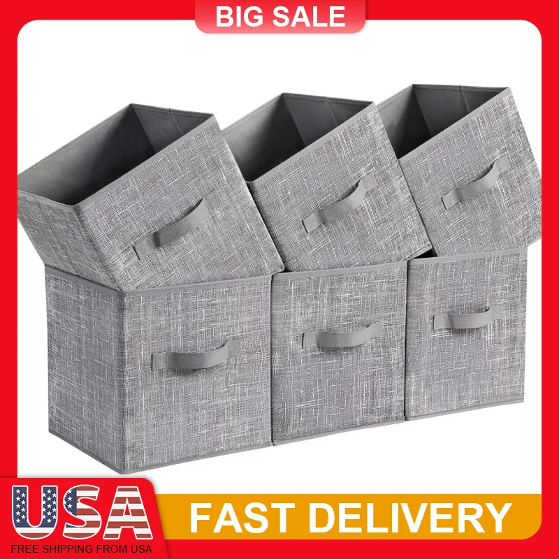 

6 Pack 11 Inch Non Woven Storage Cubes Foldable Bins with Double Handles for Closet Shelves Clothes Organization Durable Sturdy