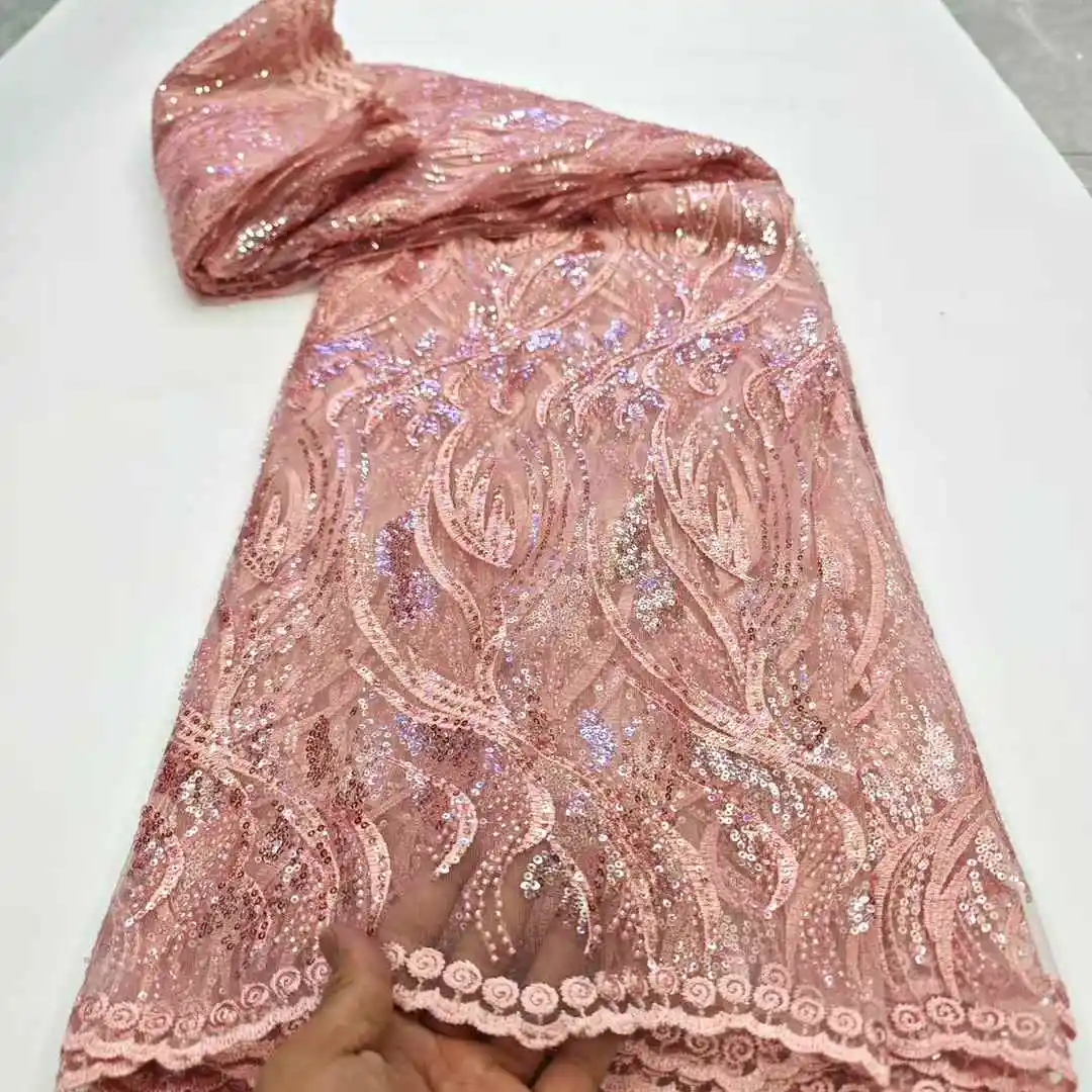 

Latest African Sequins Lace Fabric 2025 High Quality Lace Embroidery Beaded Mesh Fabric 5 Yards For Women Wedding Party Dresses