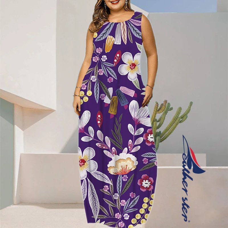 Plus Size damska artystyczny nadruk sukienka Maxi elegancka sukienka bez rękawów Longue letnia kieszeń plażowa długie sukienki swobodny top Kaftan