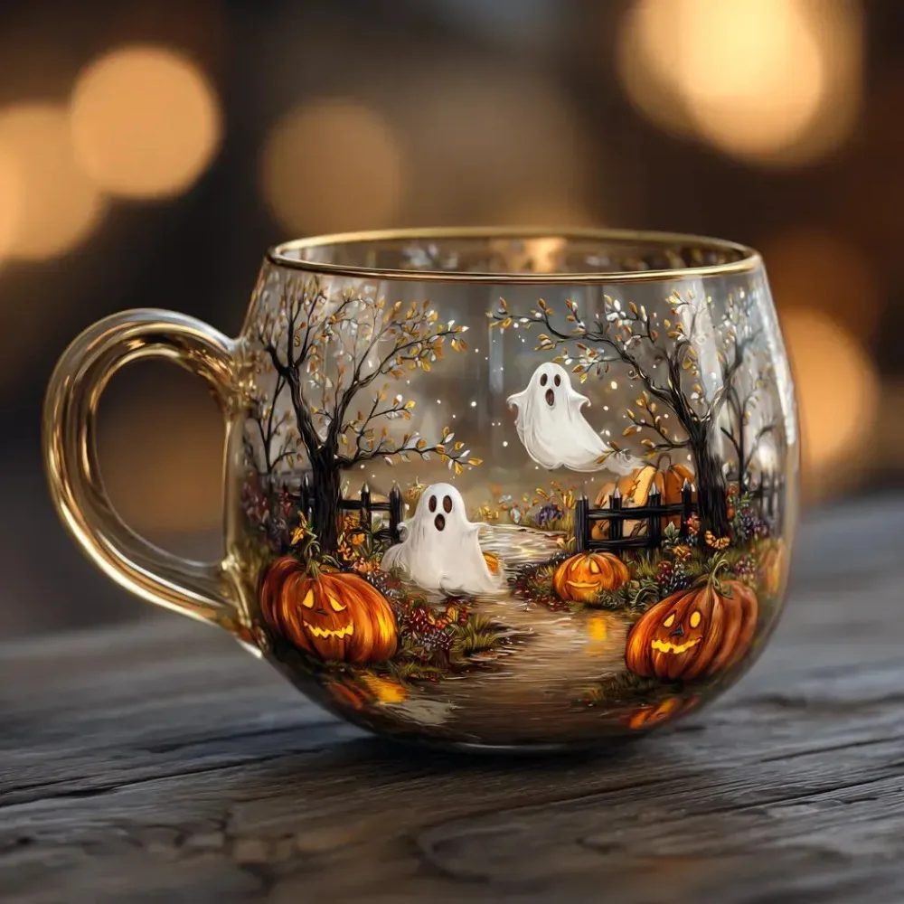 

Halloween Glass Cups Halloween Mug Painted Pattern Spooky Coffee Mug For Kitchen Beverage Youth Party Milk Tea Cold Drinks Child
