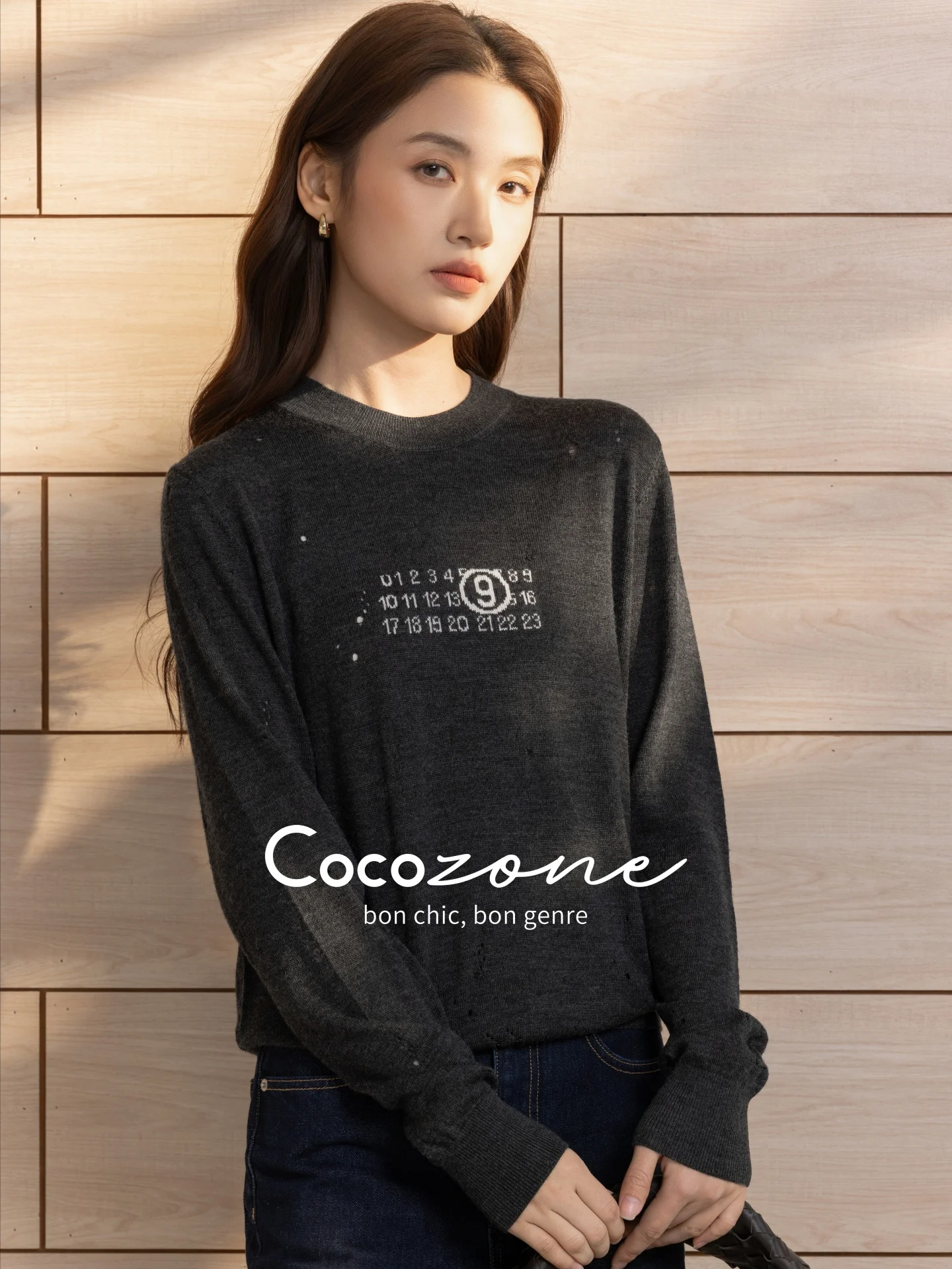 

100% шерстяной вязаный топ с круглым вырезом и длинными рукавами для женщин, в уличном стиле, дышащий, с перфорацией, свободного кроя, удобный, весенняя мода