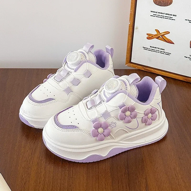 

2025 Autumn New Girls Running Shoes Rotating Button Kids Sneakers Mesh Breathable Children Sports Casual Shoes Floral Design