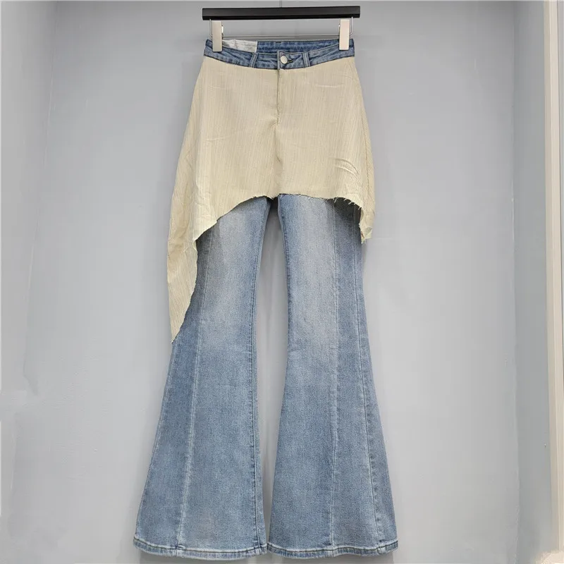 

Расклешенные джинсы в американском стиле ретро с юбкой нестандартной формы для женщин, High Street Hot Girl, узкие прямые расклешенные брюки из двух частей