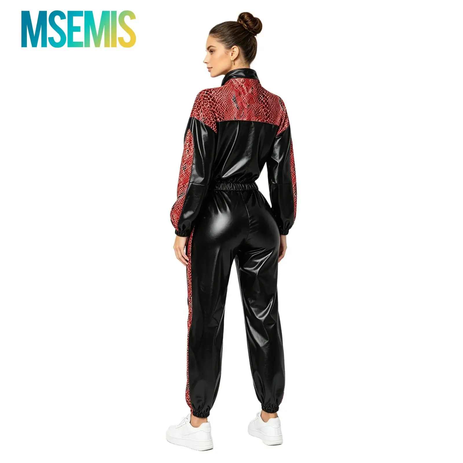 Women Metallic Shiny Disco Hip Hop Costume 80s Jazz Dance Outfit Long Sleeve Front Zipper Jacket Outerwear And Jogging Pants