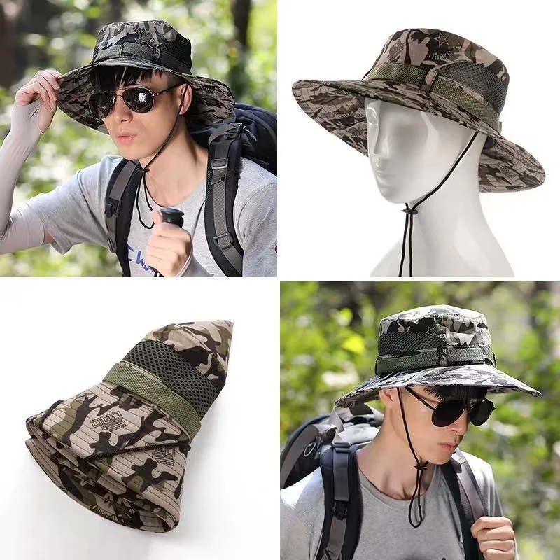 Men\'s Sun Hats Camouflage Color Hats Sun Protection Large Brim Folding Hats Summer Outdoor Fishing Travel Hats 햇빛차단 모자