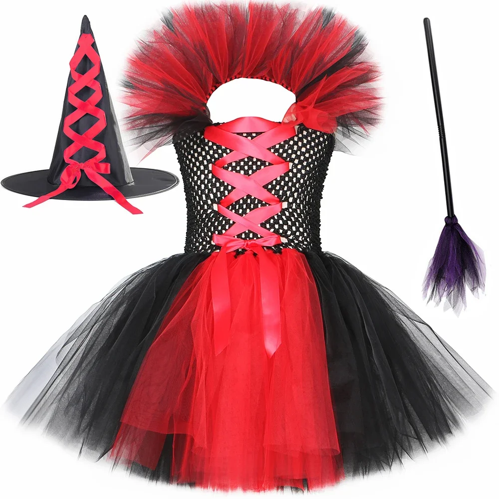 Wicked Witch Tutu Dress Kids Halloween Witch Costume for Girls Carnival Party Perform Fancy Dress Up Outfit with Hat Magic Broom