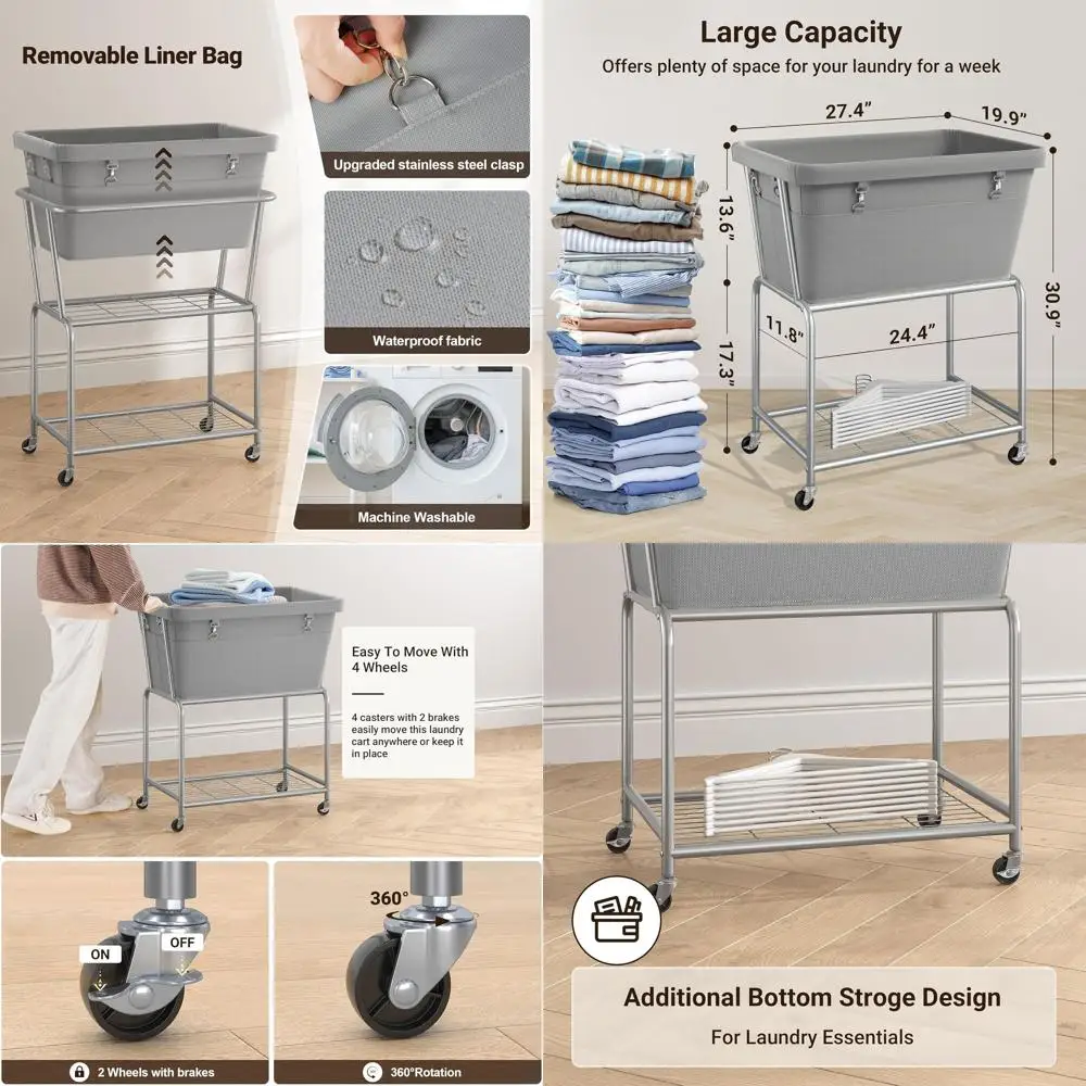 

Rolling Laundry Cart with Removable Bag, Metal Basket on Casters, Ideal for Home Use - Gray