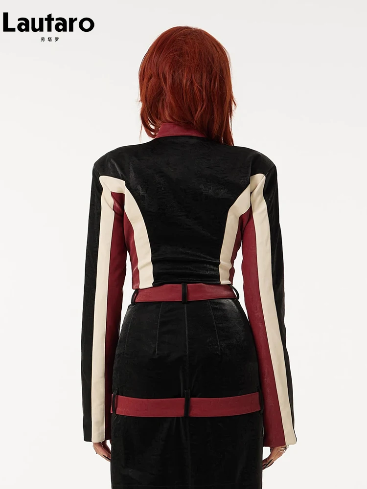 Lautaro Spring Autumn Cool Short Soft Color Block Patchwork Faux Leather Racer Jacket Women Zip Up Luxury Designer Clothing 2023