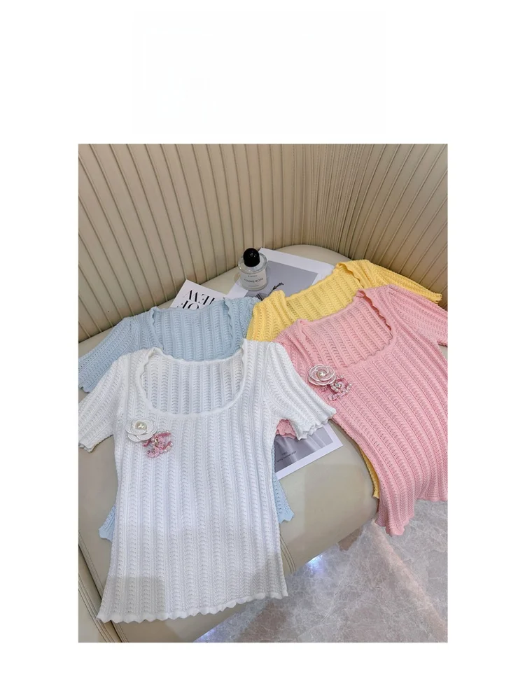 

AZZHEN Initial Love White Tea: Летний женский повседневный топ с круглым вырезом, тонкой вязкой и свободным кроем