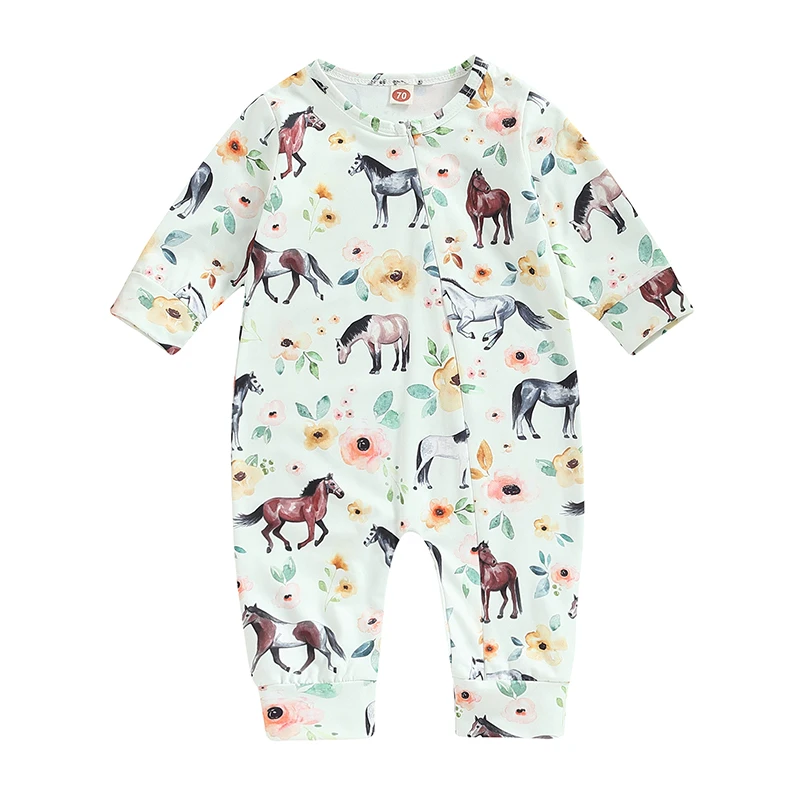 Infant Rompers Baby Jumpsuit Fashion Girls Boys Horse Floral Print Long Sleeve Crew Neck Oblique Zipper Clothes Newborn Clothing