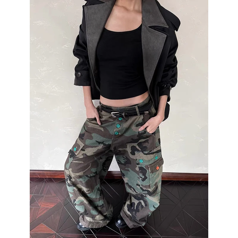YIBASHU Women's Baggy Cargo Jean Y2k High Street Grunge Punk Camouflage 2000s Streetwear American Retro Wide Fit Denim Pants