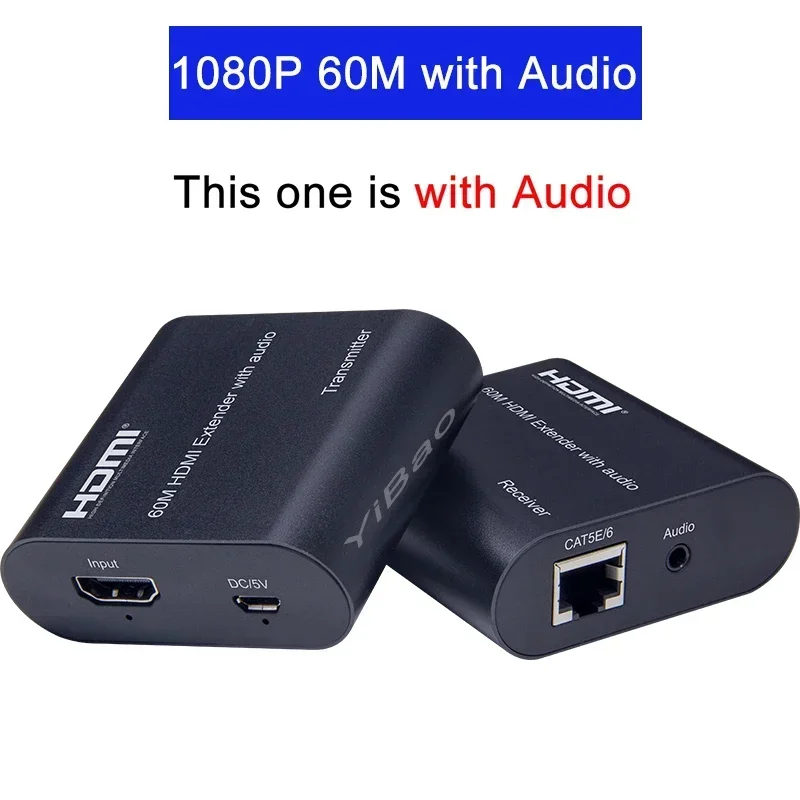 1080P 60fps HDMI Extender Video Transmitter and Receiver By Cat5e Cat6 RJ45 Ethernet Cable 60m with Audio for PS4 PC DVD To TV