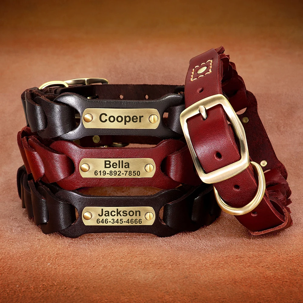 Genuine Leather Dog Collar Personalized Big Dogs Collars Free Custom Metal Buckle ID Necklace Anti-lost For Medium Large Dogs