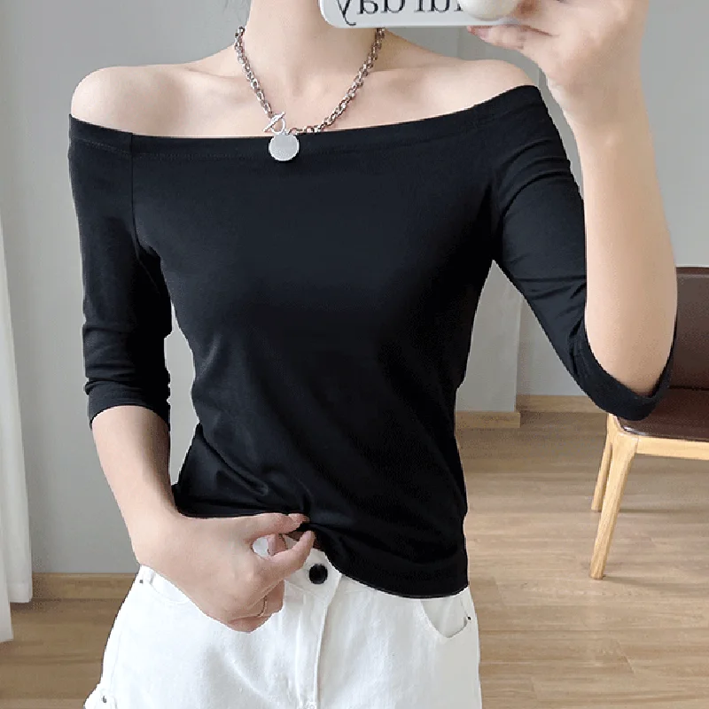 2023 Summer Slash Neck Crop Tops T Shirt Womens Sexy Off Shoulder T Shirts For Women Casual Half Sleeve Cotton Tee Shirt Femme