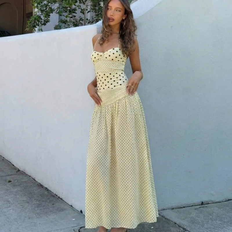 

TARUXY Summer Sexy Neck-Mounted Polka Dots Dress Women Retro Wrinkles Sleeveless Slim Elegant Party Dress Female Vacation Dress